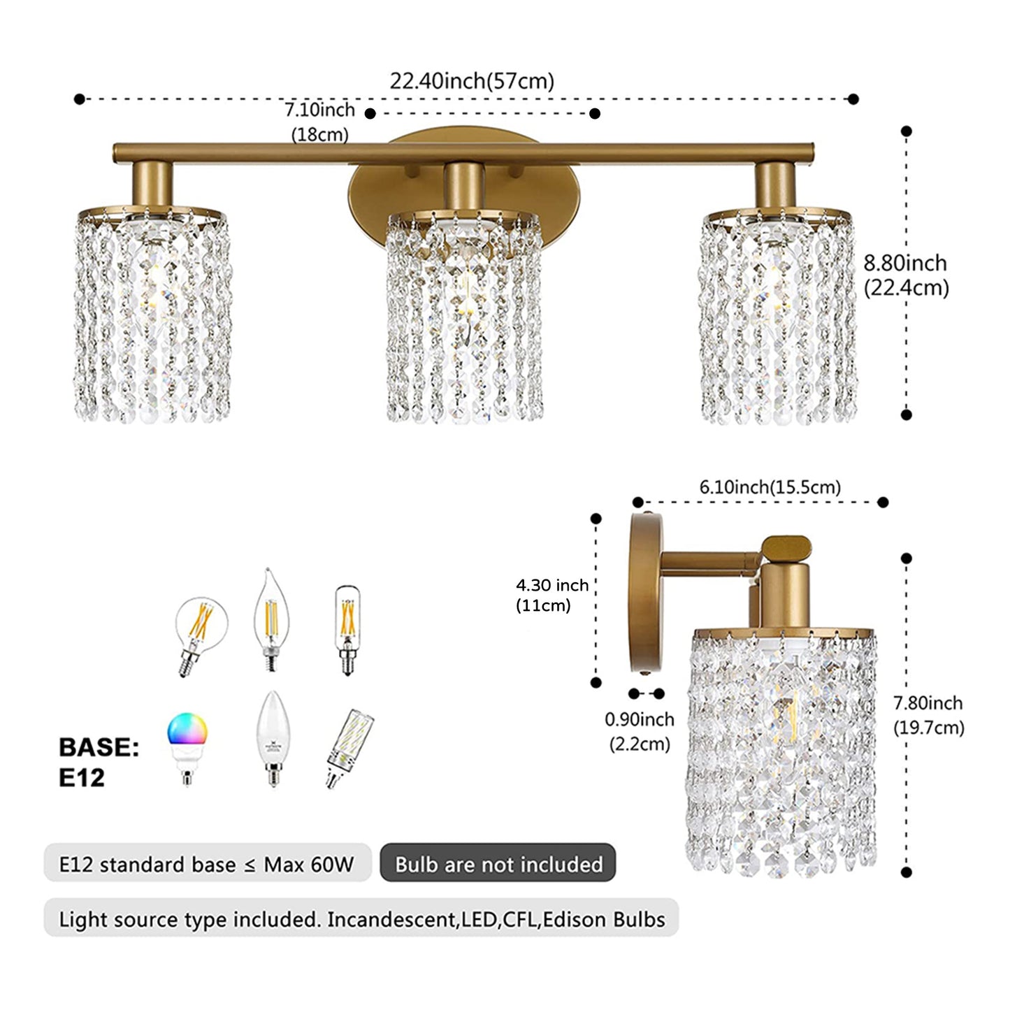 YANSUN 20.87 in.3-Light Gold Adjustable Wall Sconce with Crystal Shade Modern Lighting Fixture for Corridor and Hallway