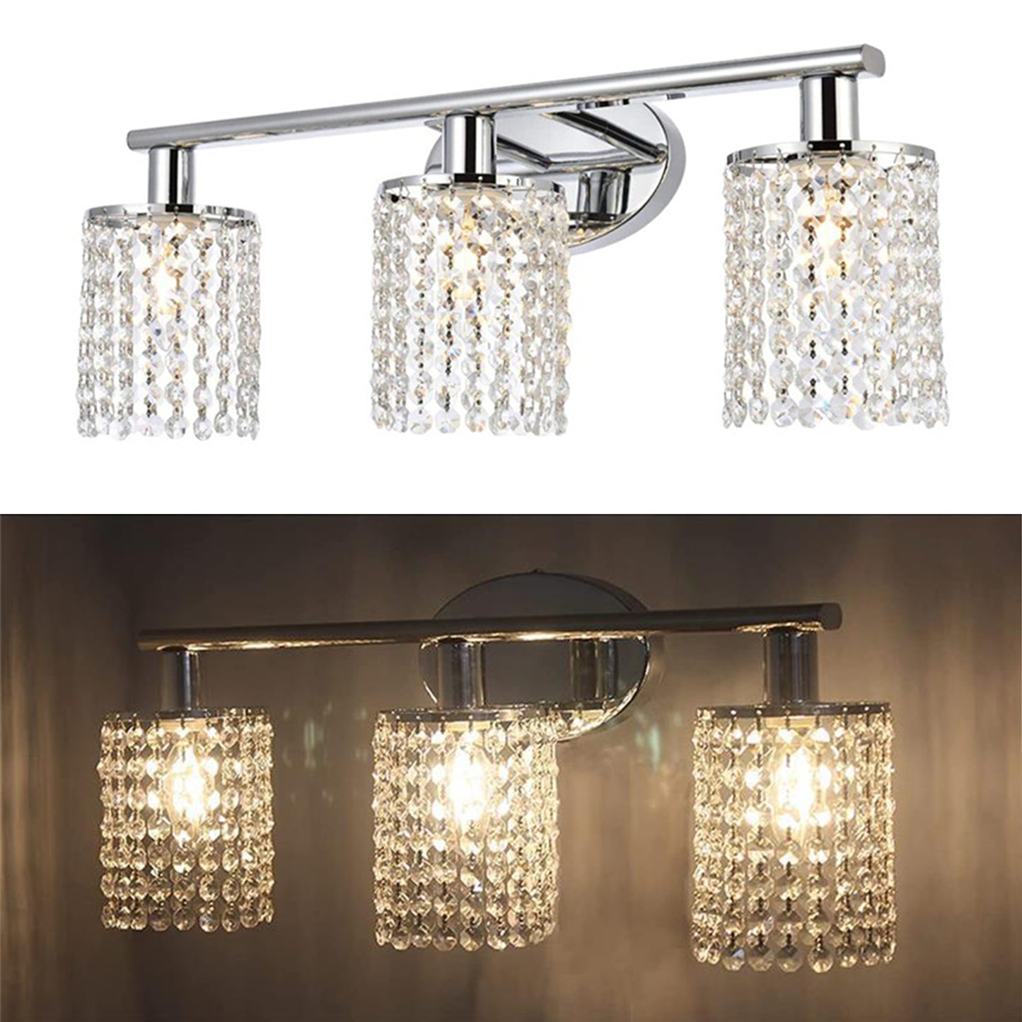 YANSUN 20.87 in. 3-Light Chrome Wall Sconce with Crystal Shade