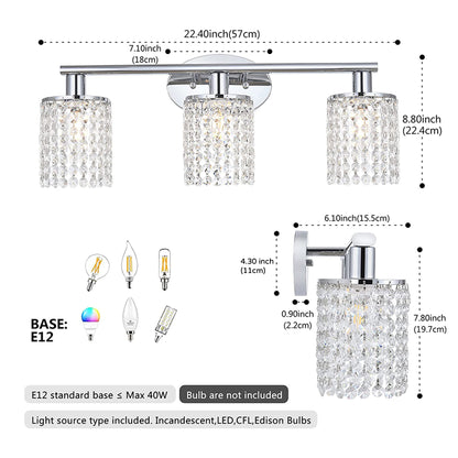 Crystal Bathroom Light fixtures Or 3 Light Wall Sconces Matte Black Round Base with Modern Style Crystal Pendant (Sliver)