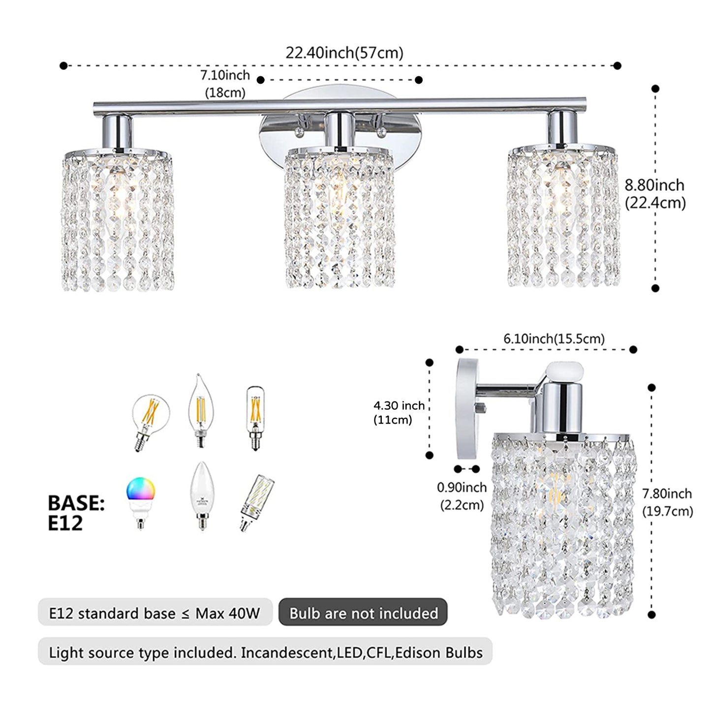 YANSUN 20.87 in. 3-Light Chrome Wall Sconce with Crystal Shade