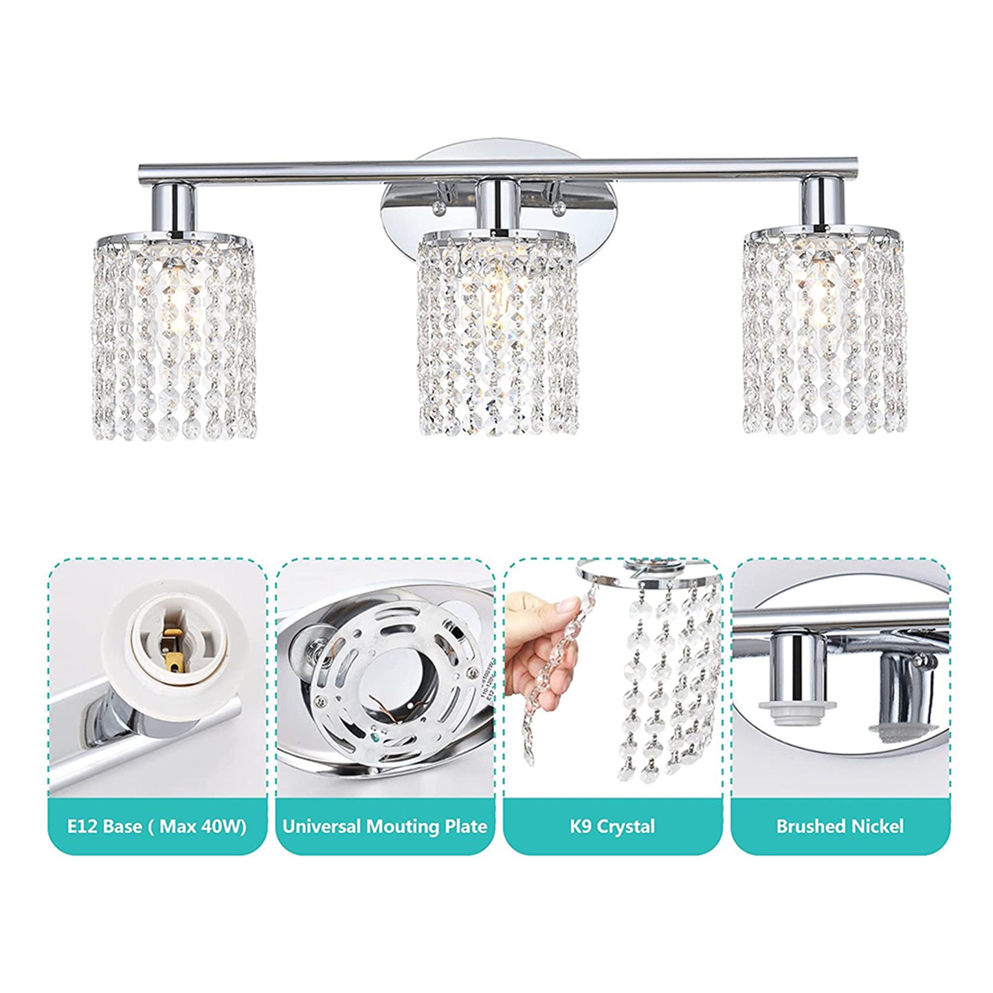 YANSUN 20.87 in. 3-Light Chrome Wall Sconce with Crystal Shade