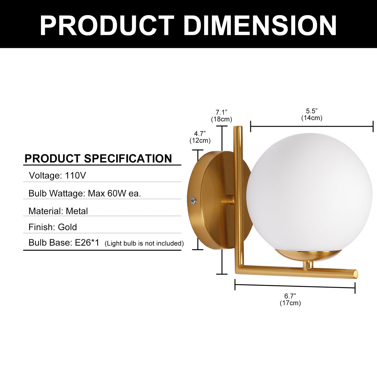 YANSUN 6.7 in. 1-Light Modern Indoor Wall Sconce in Brass Finish with Globe Shade, E26 Base, for Bedroom, Living Room, Hallway