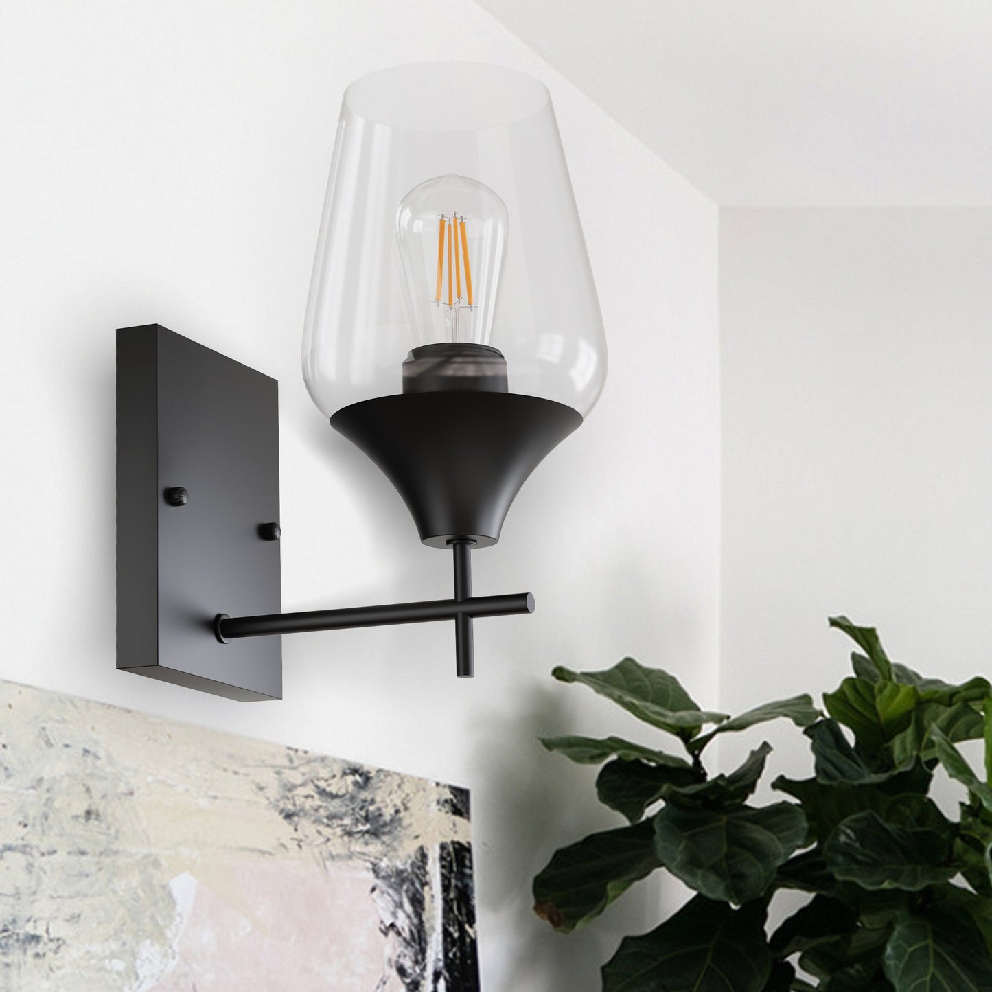 YANSUN 7.09 in. Matte Black Wall Sconce Vanity Light, 1-Light Design with Wine Glass Shade