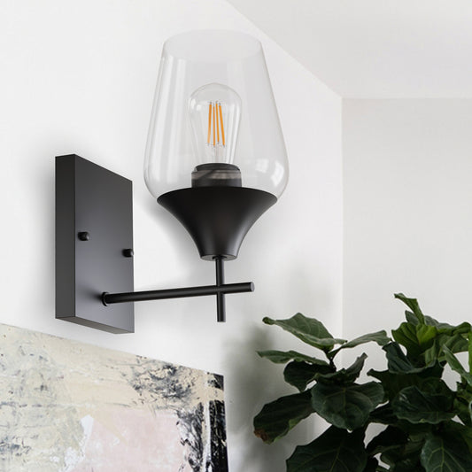 YANSUN 7.09 in. Matte Black Wall Sconce Vanity Light, 1-Light Design with Wine Glass Shade