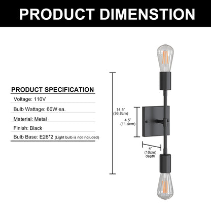 YANSUN (2-Pack) 14.5 in. 2-Light Black Industrial Wall Sconce, E26 Base, for Bedroom, Living Room, Hallway, No Bulbs