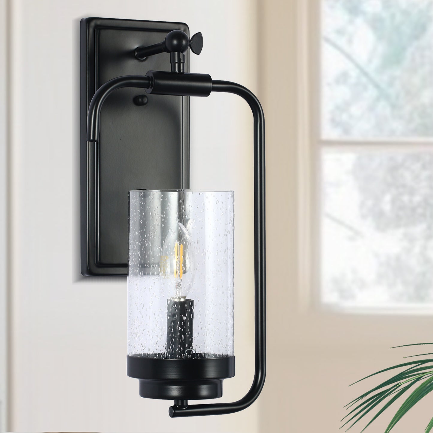 YANSUN 7 in.1-Light Black Wall Sconce with Seeded Glass Shade (Bulbs Not Included)