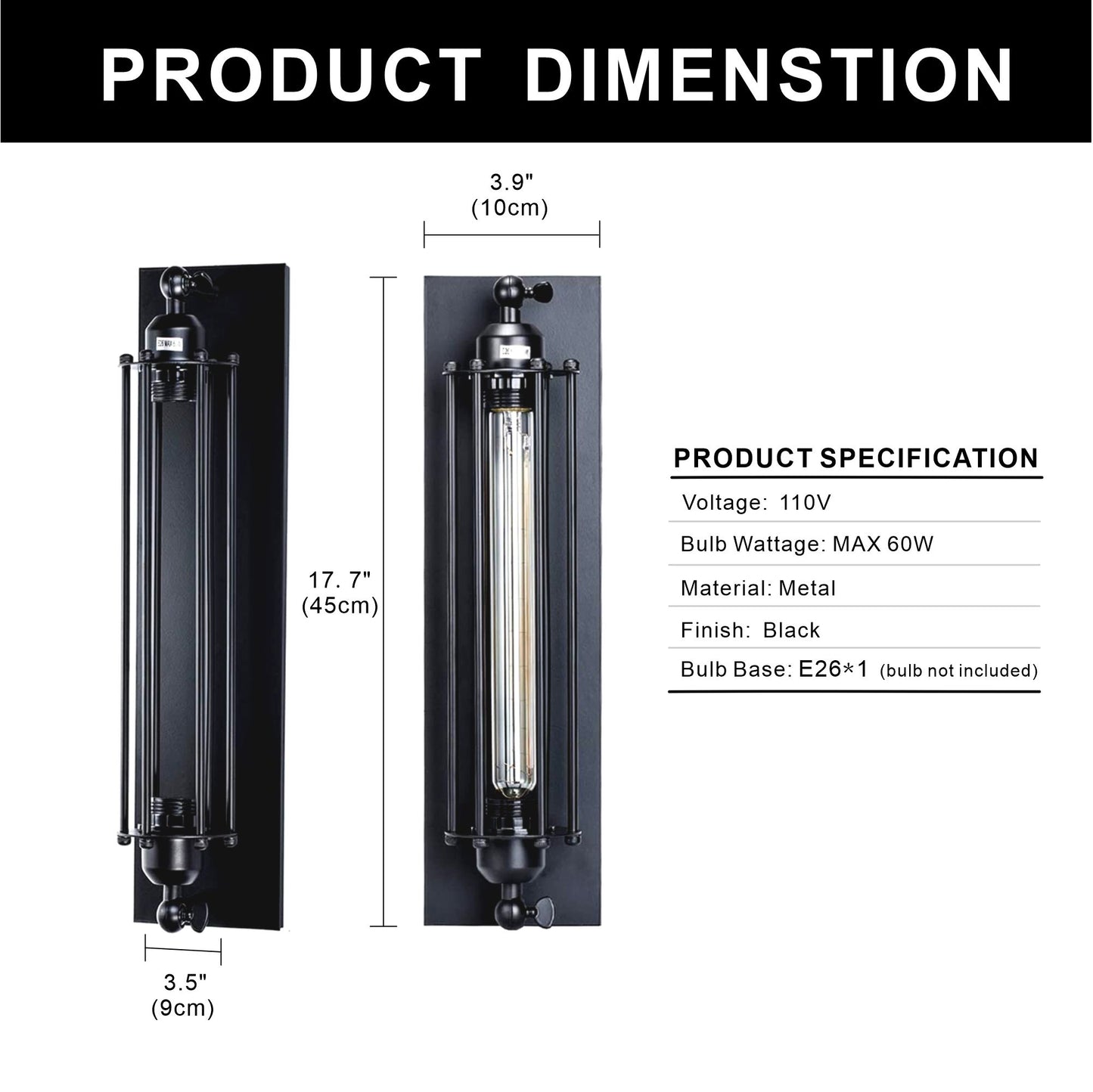 YANSUN 1-Light Black Industrial Wall Sconce Retro Wrought Iron Wall Light Fixtures for Indoor and Outdoor Wall Decor