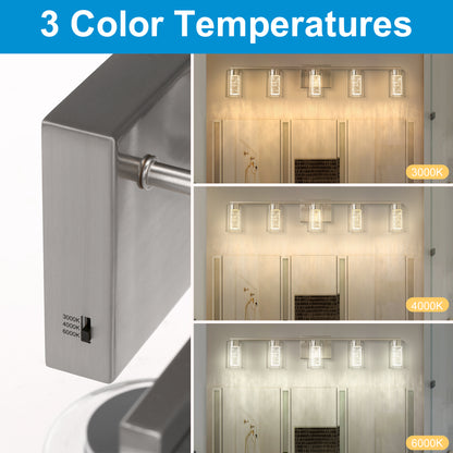 33 in. 35-Watt 5-Light Brushed Nickel Crystal LED Integrated Vanity Light for Bathroom, 3000/4000/6000K Adjustable