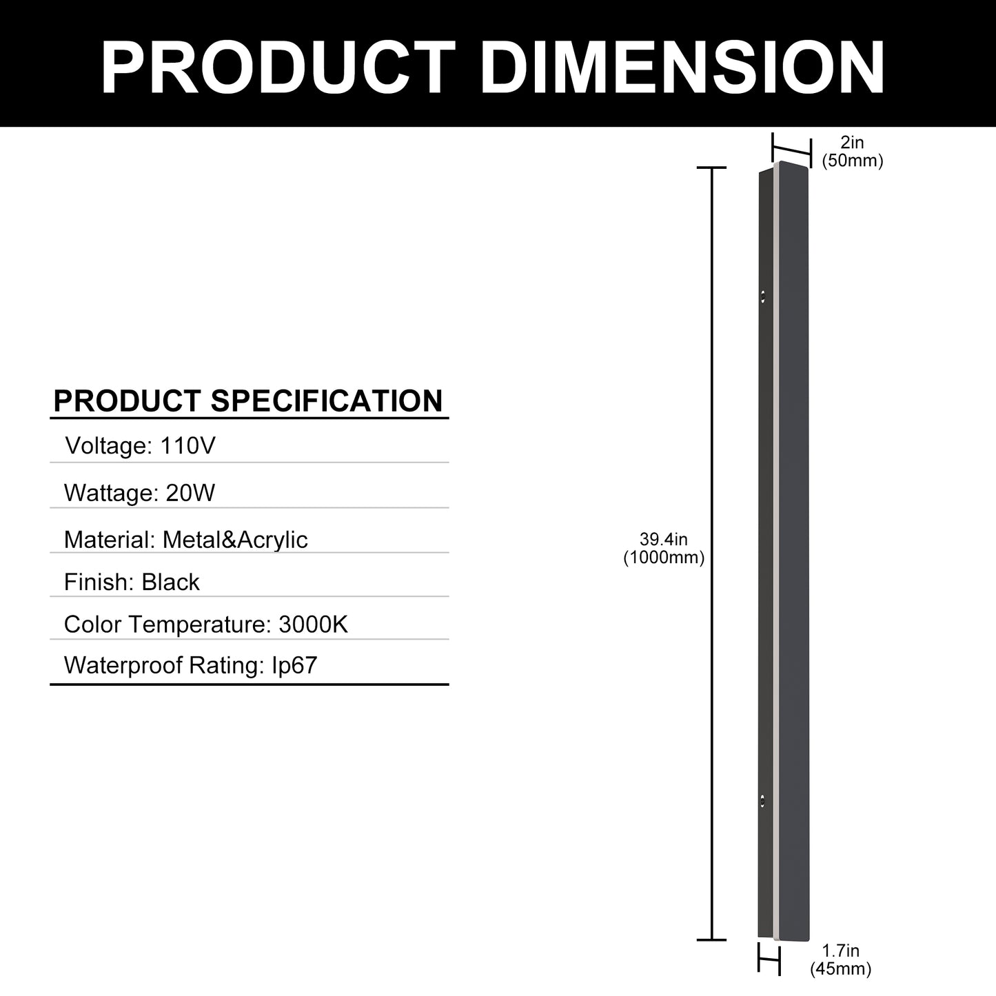 YANSUN 39 in. Black Linear LED Wall Lantern-20W, Waterproof, Warm White 3000K for Garden or Patios