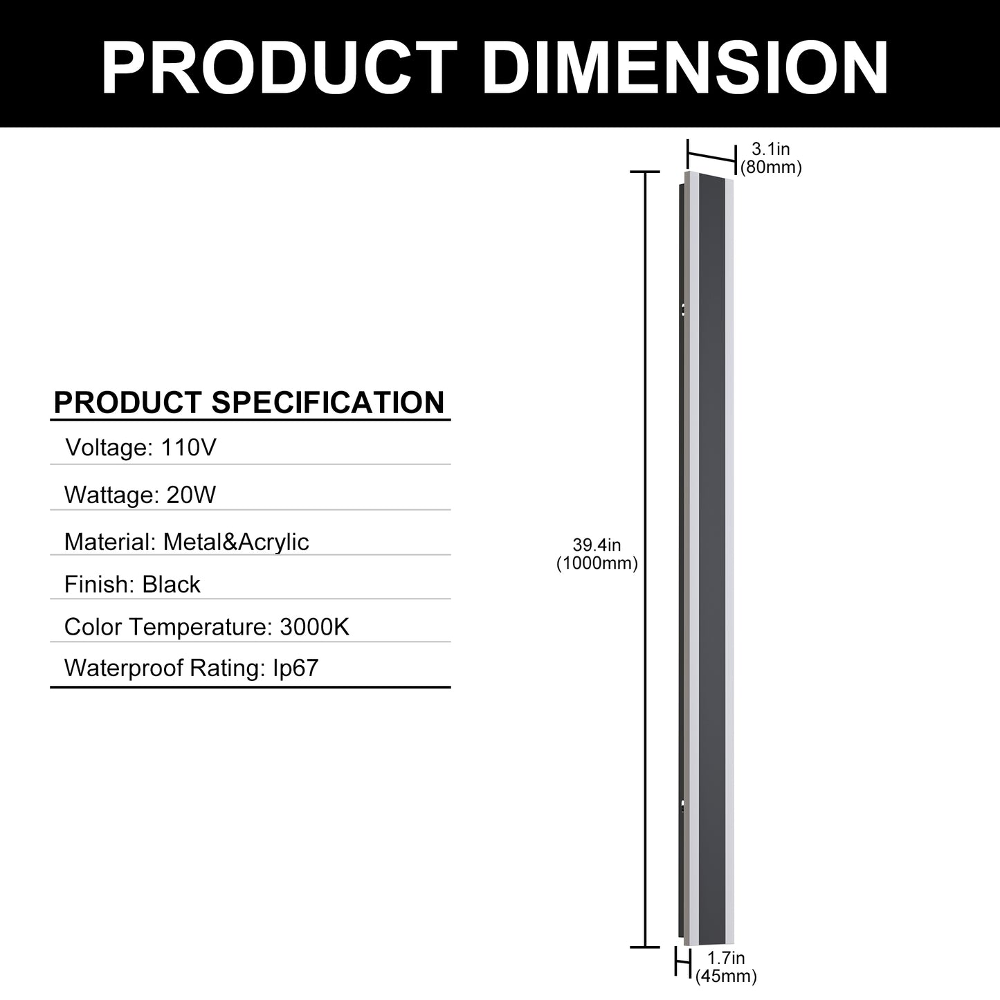 YANSUN 39.4in Outdoor LED Wall Light, IP67 Waterproof Linear Outdoor Wall Sconce, 3000K Warm Light 20W Exterior Wall Fixture 85-265V Black