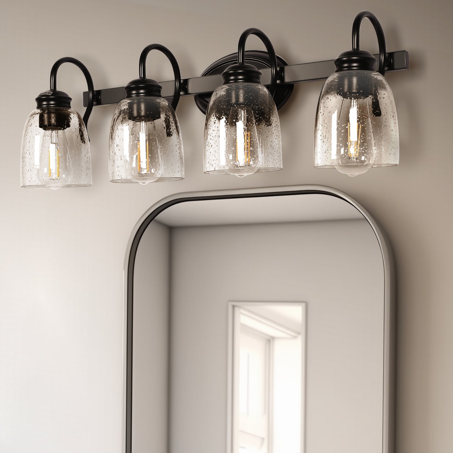 25.2 in. 4-Light Matte Black Modern Bathroom Vanity Light Mirror Wall Light with Black Accents and Seeded Glass Shade