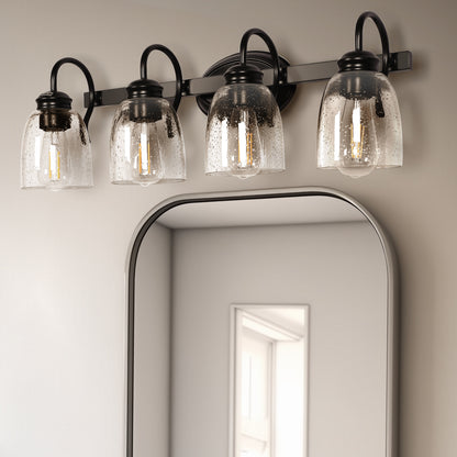25.2 in. 4-Light Matte Black Modern Bathroom Vanity Light Mirror Wall Light with Black Accents and Seeded Glass Shade