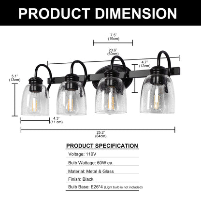 25.2 in. 4-Light Matte Black Modern Bathroom Vanity Light Mirror Wall Light with Black Accents and Seeded Glass Shade