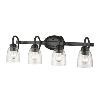 25.2 in. 4-Light Matte Black Modern Bathroom Vanity Light Mirror Wall Light with Black Accents and Seeded Glass Shade