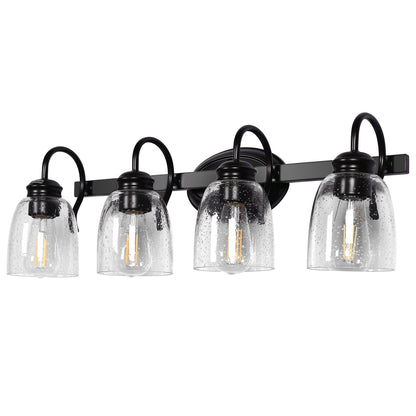 25.2 in. 4-Light Matte Black Modern Bathroom Vanity Light Mirror Wall Light with Black Accents and Seeded Glass Shade