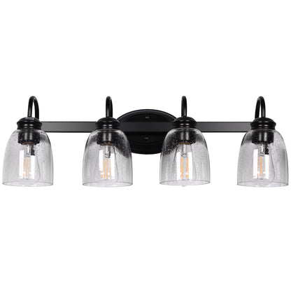 25.2 in. 4-Light Matte Black Modern Bathroom Vanity Light Mirror Wall Light with Black Accents and Seeded Glass Shade