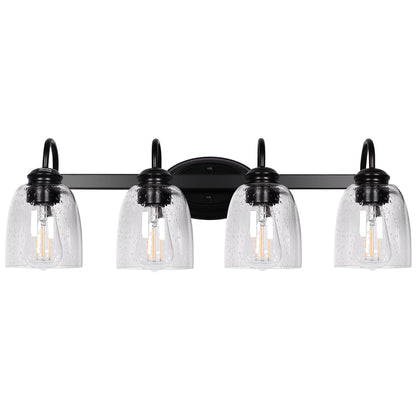 25.2 in. 4-Light Matte Black Modern Bathroom Vanity Light Mirror Wall Light with Black Accents and Seeded Glass Shade