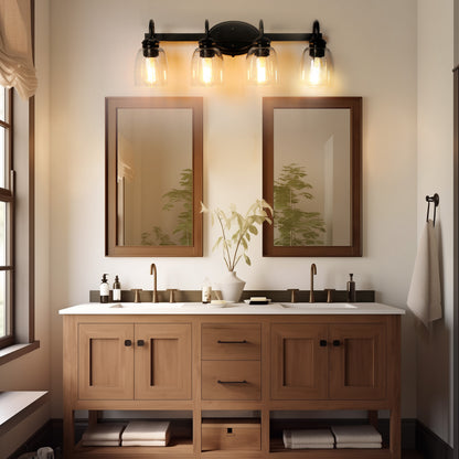 25.2 in. 4-Light Matte Black Modern Bathroom Vanity Light Mirror Wall Light with Black Accents and Seeded Glass Shade