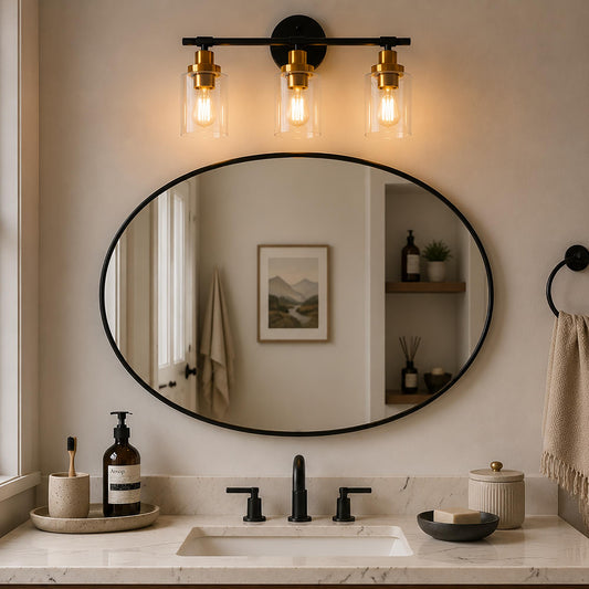 YANSUN 3-Light Black Gold Bathroom Vanity Light with Round Glass Shades Modern Wall Fixture
