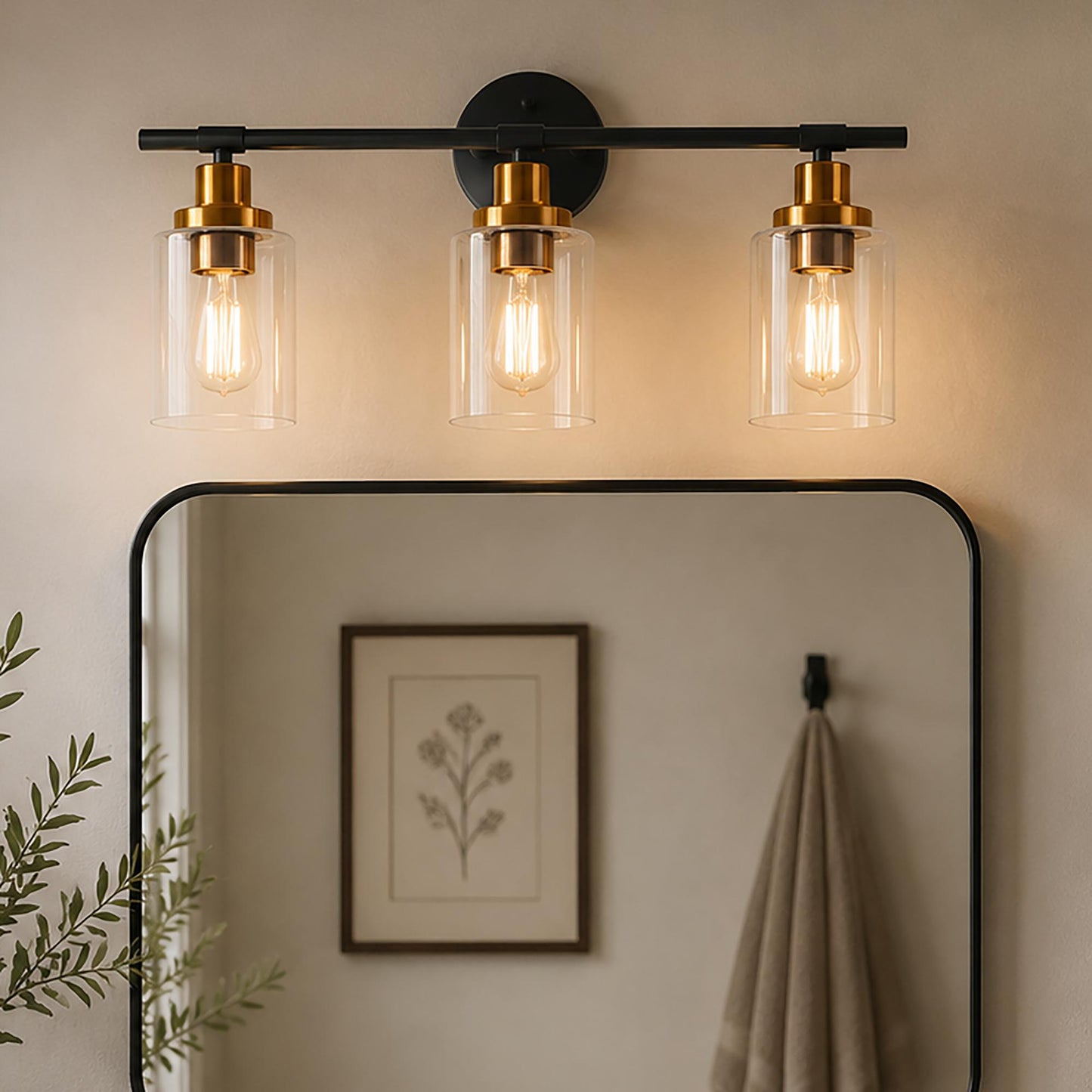 YANSUN 3-Light Black Gold Bathroom Vanity Light with Round Glass Shades Modern Wall Fixture