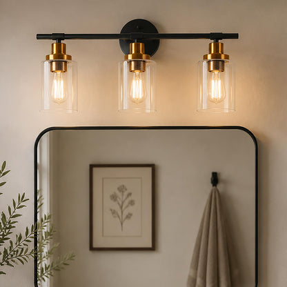 YANSUN 3-Light Black Gold Bathroom Vanity Light with Round Glass Shades Modern Wall Fixture