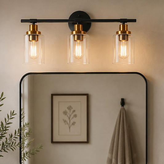 YANSUN 3-Light Black Gold Bathroom Vanity Light with Round Glass Shades Modern Wall Fixture
