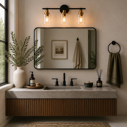 YANSUN 3-Light Black Gold Bathroom Vanity Light with Round Glass Shades Modern Wall Fixture