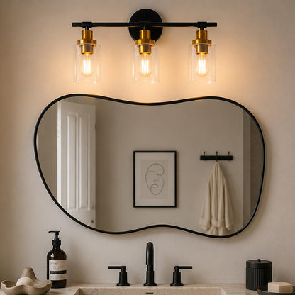 YANSUN 3-Light Black Gold Bathroom Vanity Light with Round Glass Shades Modern Wall Fixture