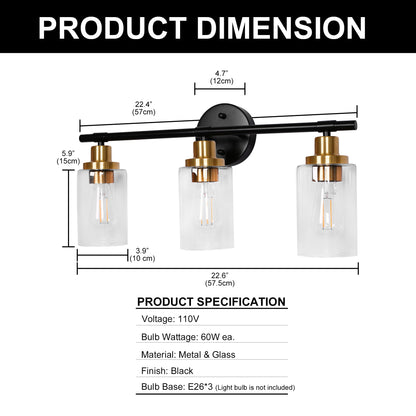 YANSUN 3-Light Black Gold Bathroom Vanity Light with Round Glass Shades Modern Wall Fixture