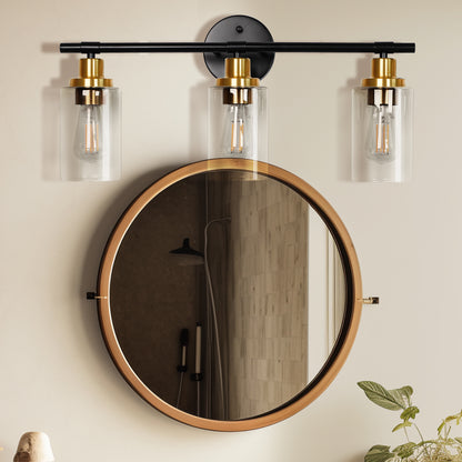 22.64 in. 3-Light Matte Black Modern Bathroom Vanity Light with Clear Glass Shade and Gold Socket