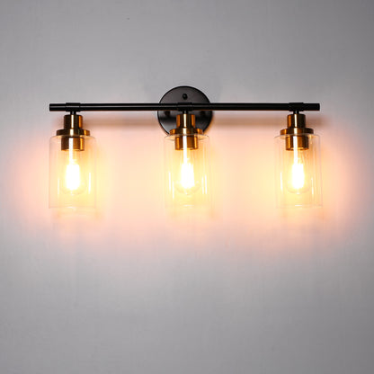 22.64 in. 3-Light Matte Black Modern Bathroom Vanity Light with Clear Glass Shade and Gold Socket