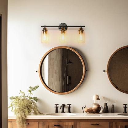 22.64 in. 3-Light Matte Black Modern Bathroom Vanity Light with Clear Glass Shade and Gold Socket