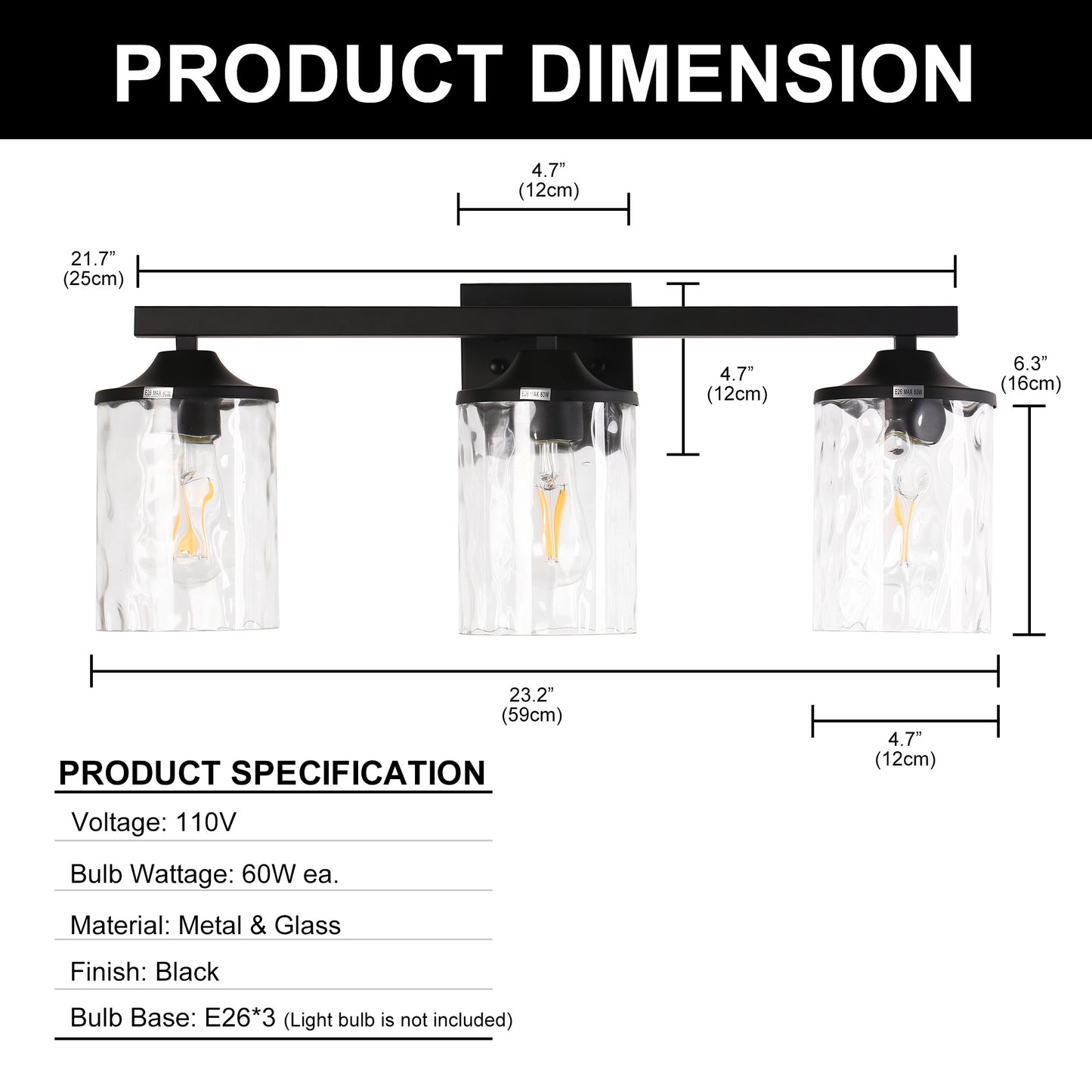 YANSUN 24 in. 3-Light Matte Black Modern Vanity Light with Clear Cylinder Glass Shades, 60W Dimmable, Damp Rated for Bathroom