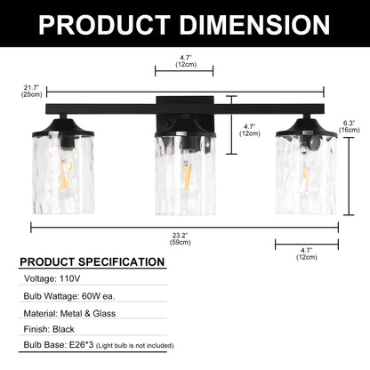 YANSUN 24 in. 3-Light Matte Black Modern Vanity Light with Clear Cylinder Glass Shades, 60W Dimmable, Damp Rated for Bathroom