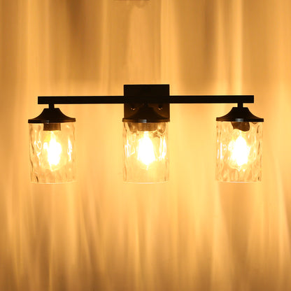 23.2 in. 3-Light Matte Black Linear Classic Modern Bathroom Vanity Light Wall Light with Clear Hammered Glass Shades