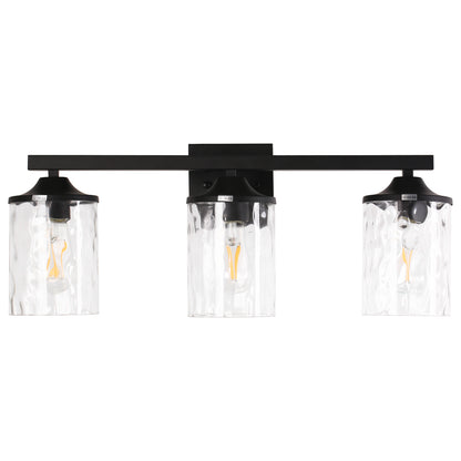 23.2 in. 3-Light Matte Black Linear Classic Modern Bathroom Vanity Light Wall Light with Clear Hammered Glass Shades