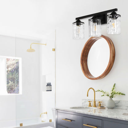 23.2 in. 3-Light Matte Black Linear Classic Modern Bathroom Vanity Light Wall Light with Clear Hammered Glass Shades