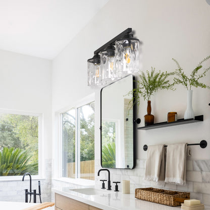 23.2 in. 3-Light Matte Black Linear Classic Modern Bathroom Vanity Light Wall Light with Clear Hammered Glass Shades