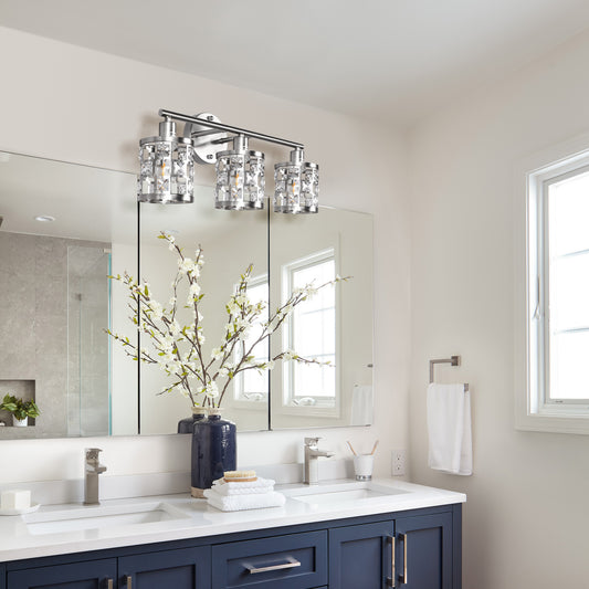 YANSUN 19.88 in. 3-Light Brushed Nickel Modern Industrial Bathroom Vanity Light Over Mirror with Crystal Shade