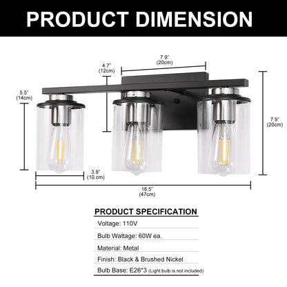 18.5 in. 3-Light Black and Brushed Nickel Vanity Light with Clear Glass Shade for Bathroom