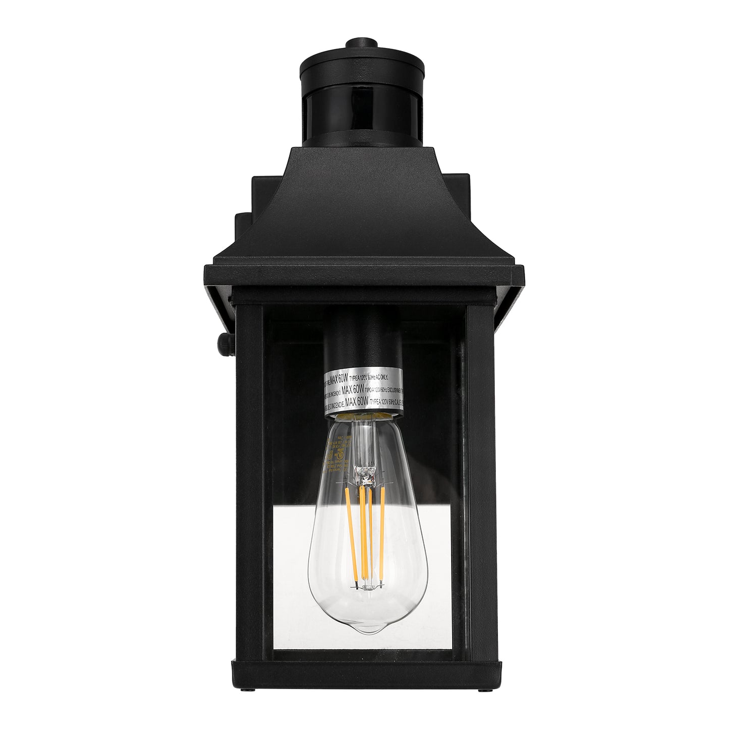 1-Light Black Dusk to Dawn Motion Sensor Outdoor Wall Lantern Sconce with Clear Glass and Built-In GFCI and USB Outlets
