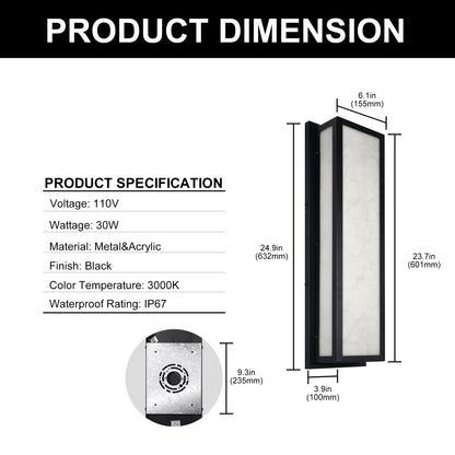 25 in. 30-Watt Black Outdoor Rectangle Hardwired Integrated LED Lantern Wall Sconce with Resin Shade 3000K Waterproof