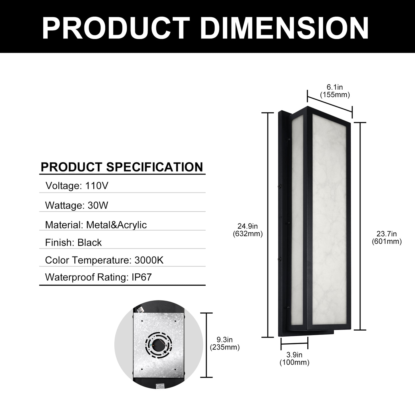 YANSUN 24.8in LED Outdoor Wall Light 30W IP65 Waterproof Marble Resin Sconce 3000K Modern Exterior Fixture