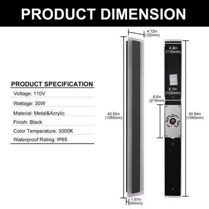 YANSUN 42.52 in. Matte Black 1-Light Lantern Wall Sconce Integrated LED Outdoor Wall Light