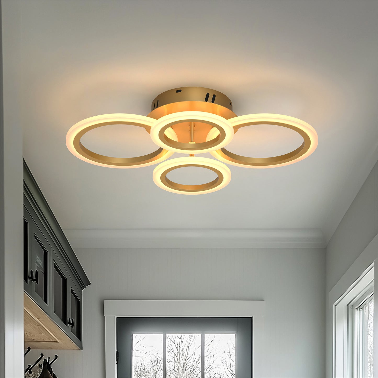 YANSUN 4-Ring Semi-Flush Ceiling Light with Integrated LED, Metal Copper Finish, PCB Ceiling Fixture