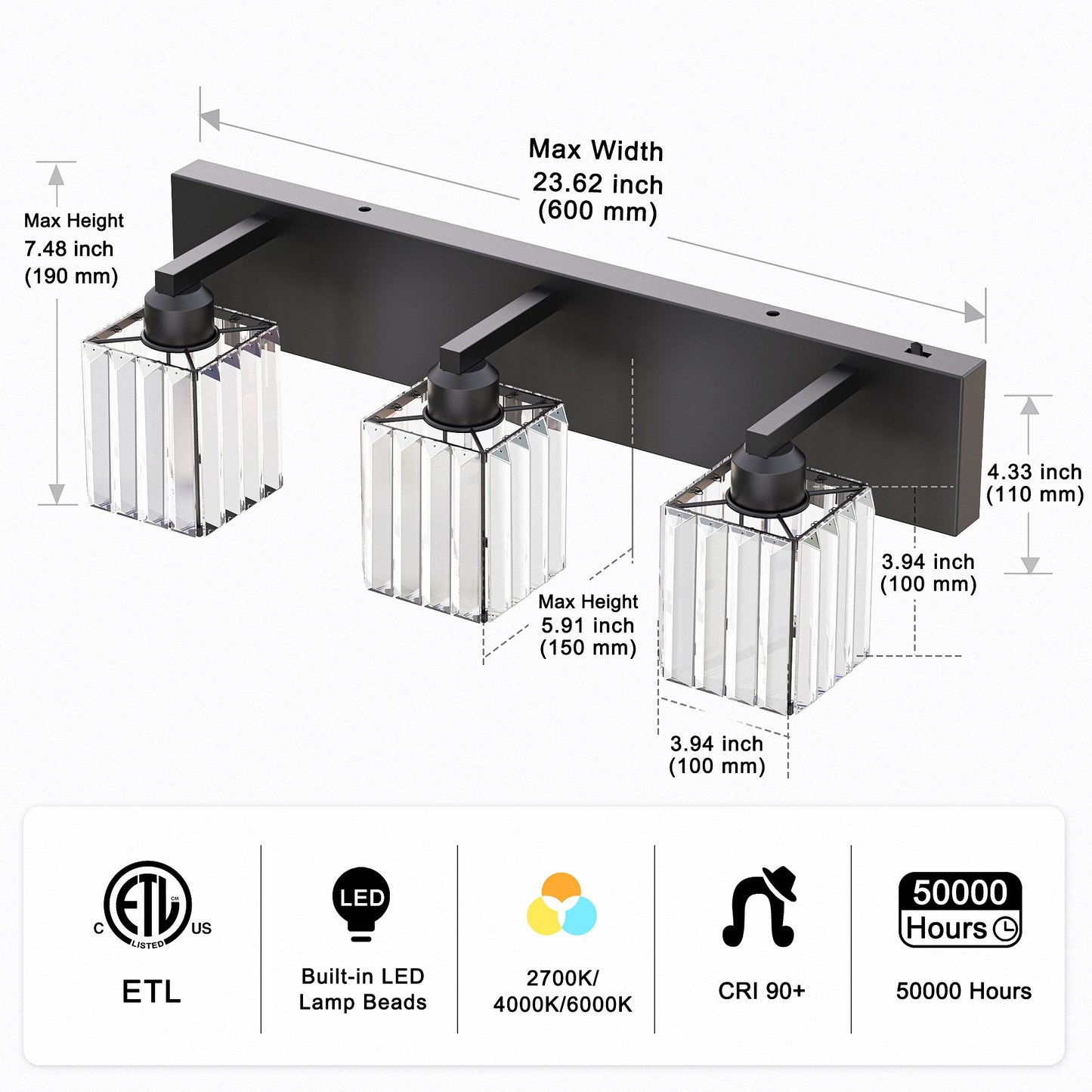 YANSUN 3-Light Vanity Light with Square Crystal Shades Black Integrated LED