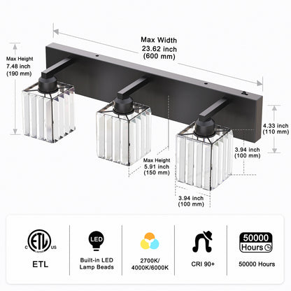 YANSUN 3-Light Vanity Light with Square Crystal Shades Black Integrated LED