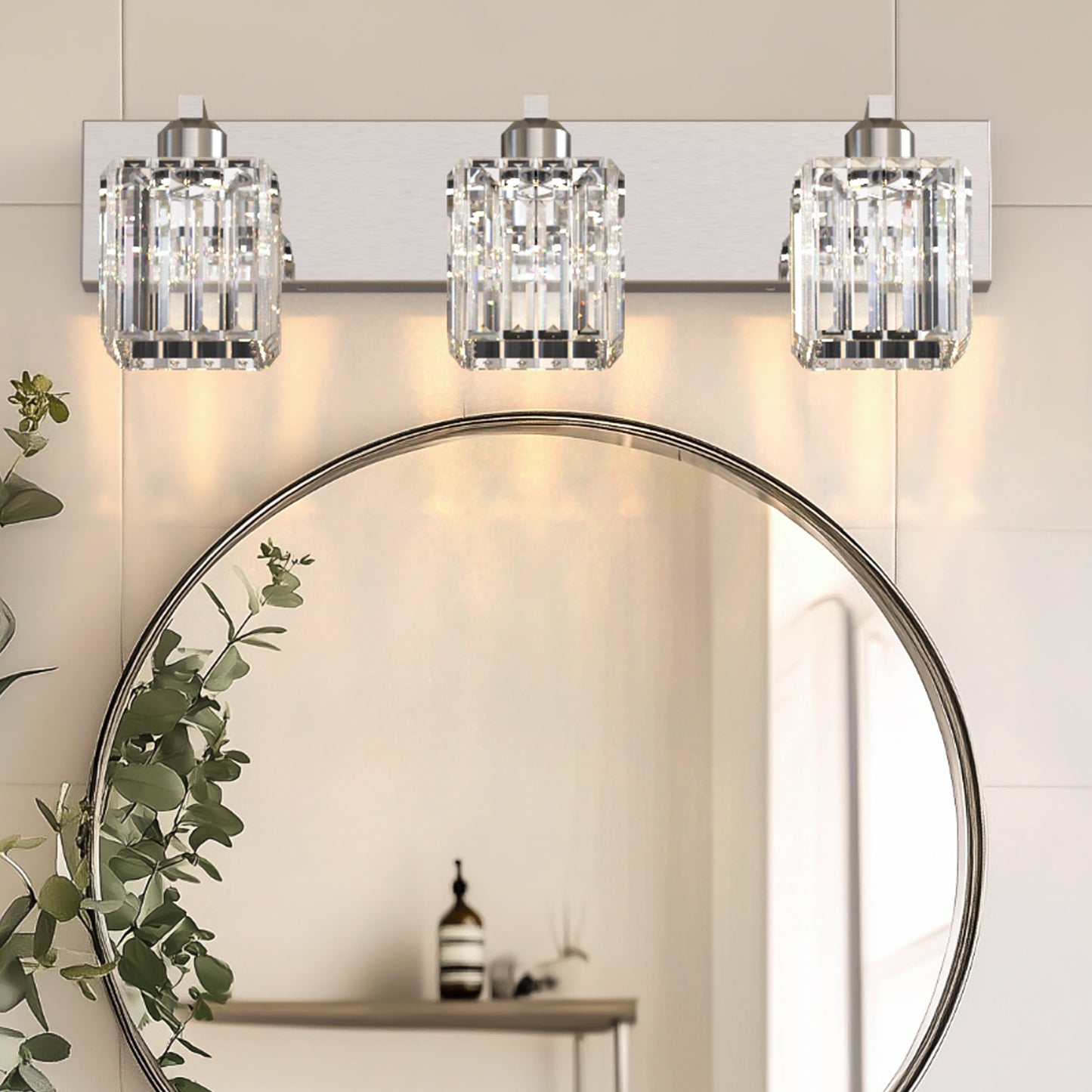 YANSUN 3-Light LED Crystal Vanity Light 4.33in Square KD Shade Chrome Finish 3CCT Dimmable Mirror Light Fixture 15W Integrated LED