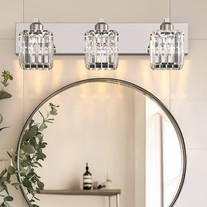 YANSUN 3-Light LED Crystal Vanity Light 4.33in Square KD Shade Chrome Finish 3CCT Dimmable Mirror Light Fixture 15W Integrated LED