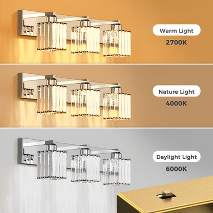 YANSUN 3-Light LED Crystal Vanity Light 4.33in Square KD Shade Chrome Finish 3CCT Dimmable Mirror Light Fixture 15W Integrated LED
